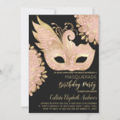 Pretty Pink Gold Black Masquerade Mask Birthday 招待状 (正面)