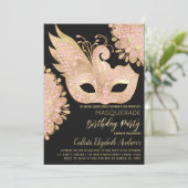 Pretty Pink Gold Black Masquerade Mask Birthday 招待状 (スタンド正面)