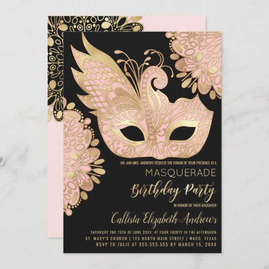 Pretty Pink Gold Black Masquerade Mask Birthday 招待状 (正面/裏面)