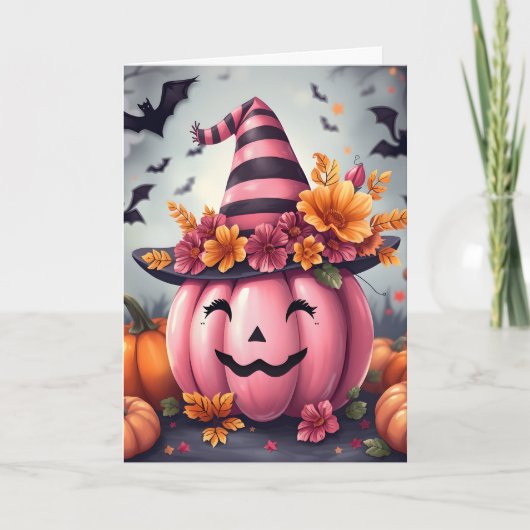 Pretty Pink Halloween Pumpkin Jack-o-lantern カード (正面)