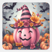 Pretty Pink Halloween Pumpkin Jack-o-lantern スクエアシール (正面)