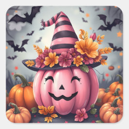 Pretty Pink Halloween Pumpkin Jack-o-lantern スクエアシール