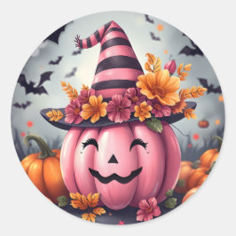 Pretty Pink Halloween Pumpkin Jack-o-lantern ラウンドシール