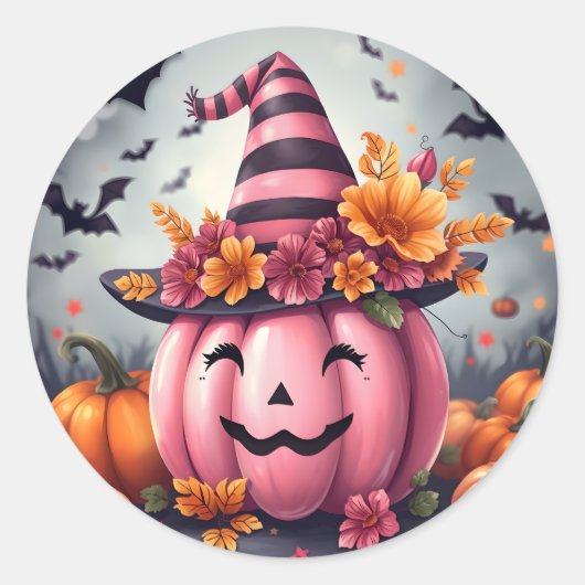 Pretty Pink Halloween Pumpkin Jack-o-lantern ラウンドシール (正面)