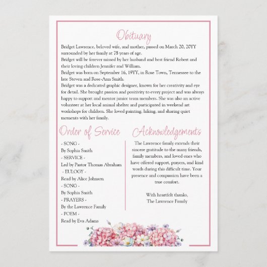 Pretty Pink Hydrangea Celebrating Life - Funeral プログラム (裏面)