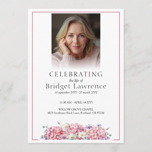 Pretty Pink Hydrangea Celebrating Life - Funeral プログラム (正面)