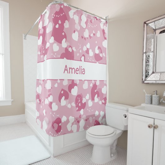 Pretty Pink Love Heart Personalized シャワーカーテン (インサイチュ)