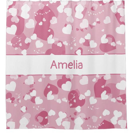 Pretty Pink Love Heart Personalized シャワーカーテン (正面)
