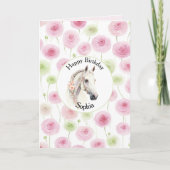 Pretty Pink Mint Ranunculus Horse Birthday カード (正面)