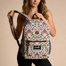 Pretty Pink Orange Floral Motifs Vintage Cottage プリントバックパック