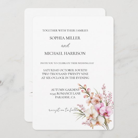 Pretty Pink Orchid Floral Wedding 招待状 (正面/裏面)