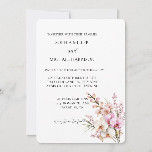 Pretty Pink Orchid Floral Wedding 招待状 (正面)