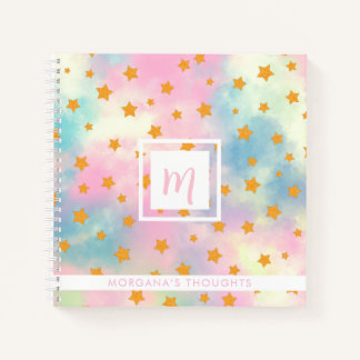 Pretty Pink Pastel with Gold Stars Monogram Square ノートブック