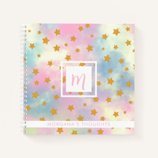 Pretty Pink Pastel with Gold Stars Monogram Square ノートブック (正面)