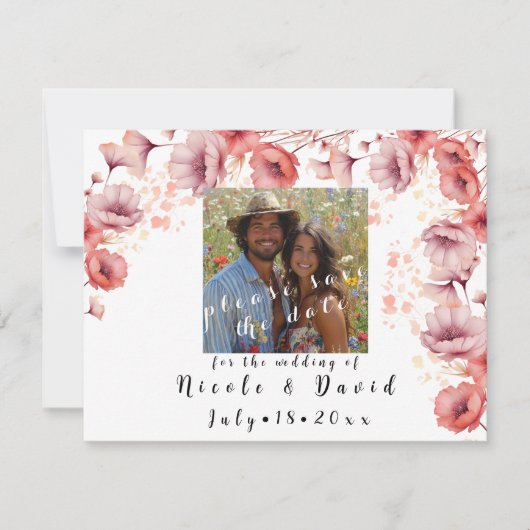 Pretty Pink, Peach Fuzz, Watercolor Wedding セーブザデート (正面)
