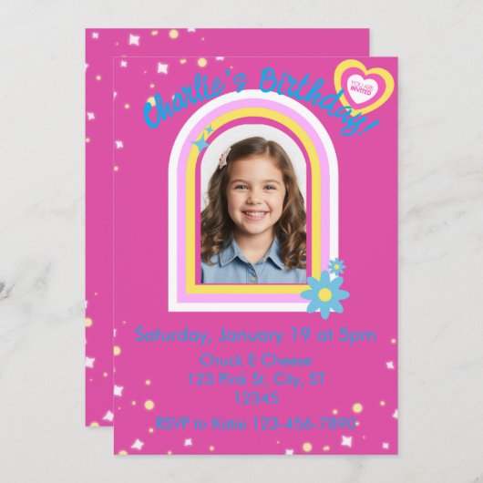 Pretty Pink Picture Birthday 招待状 (正面/裏面)