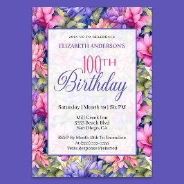Pretty Pink Purple Garden Flowers 100th Birthday  招待状