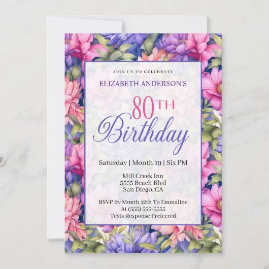 Pretty Pink Purple Garden Flowers 80th Birthday  招待状 (正面)