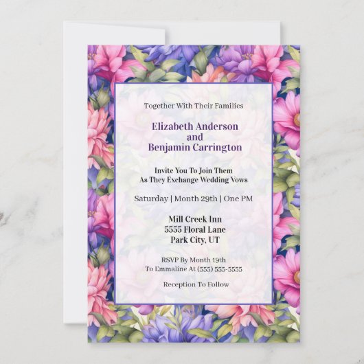 Pretty Pink Purple Garden Flowers Wedding 招待状 (正面)