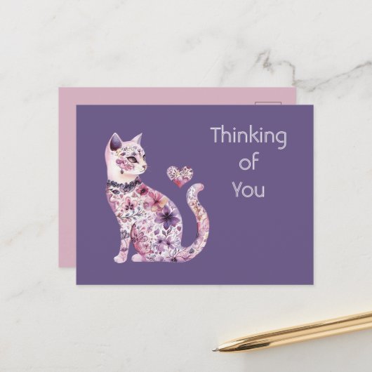 Pretty Pink Purple Hearts Roses Floral Cat ポストカード (正面/裏面インサイチュ)