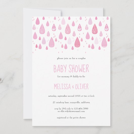 Pretty Pink Raindrops Couples Baby Shower 招待状 (正面)