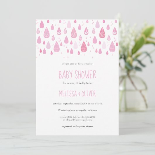 Pretty Pink Raindrops Couples Baby Shower 招待状 (スタンド正面)