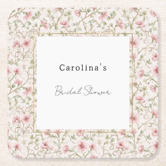 Pretty Pink Romantic Floral Bridal Shower スクエアペーパーコースター (正面)