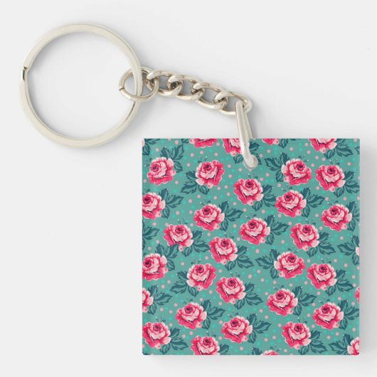 Pretty Pink Roses and Polka Dot Pattern on Teal キーホルダー (正面)