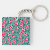 Pretty Pink Roses and Polka Dot Pattern on Teal キーホルダー (裏面)