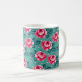 Pretty Pink Roses and Polka Dot Pattern on Teal コーヒーマグカップ (正面右)