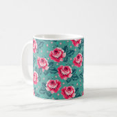 Pretty Pink Roses and Polka Dot Pattern on Teal コーヒーマグカップ (正面左)