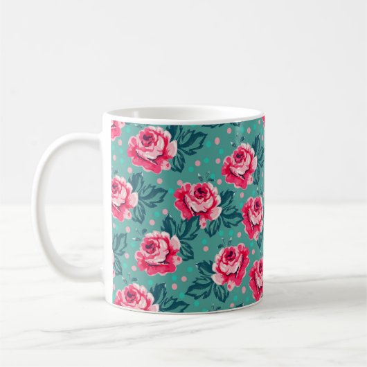 Pretty Pink Roses and Polka Dot Pattern on Teal コーヒーマグカップ (左)