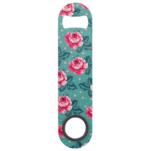 Pretty Pink Roses and Polka Dot Pattern on Teal スピード栓抜き (裏面)