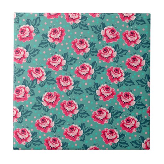 Pretty Pink Roses and Polka Dot Pattern on Teal タイル (正面)