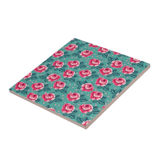 Pretty Pink Roses and Polka Dot Pattern on Teal タイル (側面)