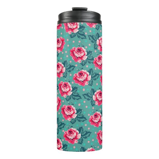Pretty Pink Roses and Polka Dot Pattern on Teal タンブラー (正面)