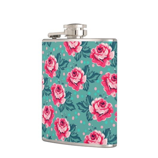 Pretty Pink Roses and Polka Dot Pattern on Teal フラスク (左)
