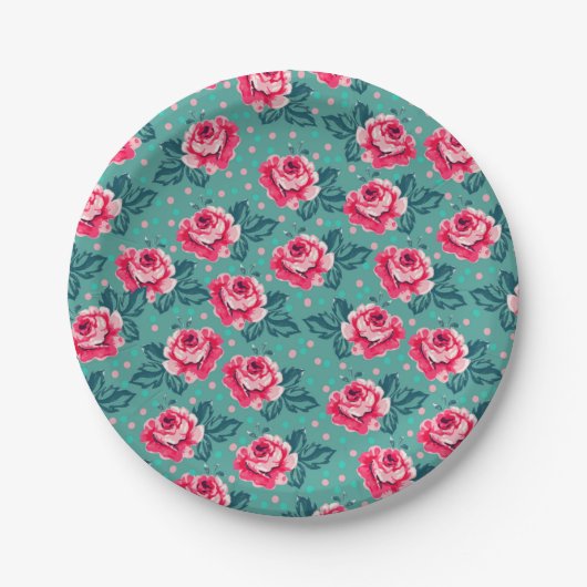 Pretty Pink Roses and Polka Dot Pattern on Teal ペーパープレート (正面)