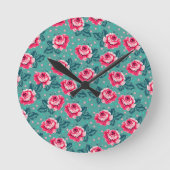 Pretty Pink Roses and Polka Dot Pattern on Teal ラウンド壁時計 (正面)