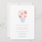 Pretty Pink Roses Blue And White Newlyweds Brunch 招待状 (正面)