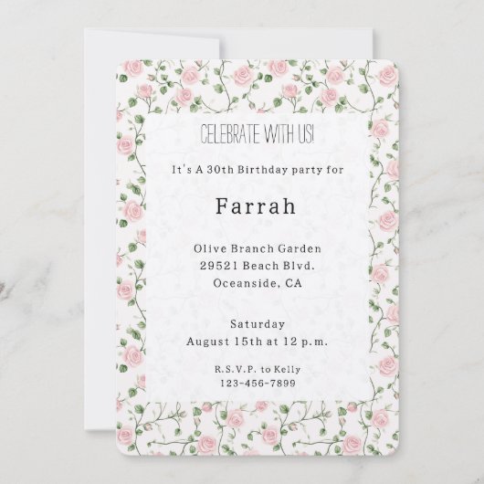 Pretty Pink Roses Floral Birthday   招待状 (正面)