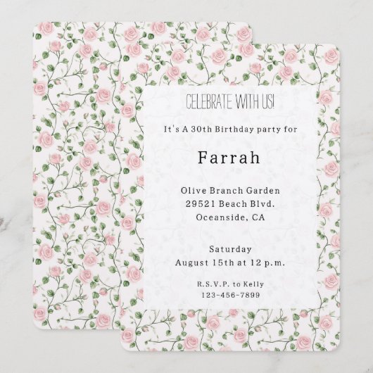 Pretty Pink Roses Floral Birthday   招待状 (正面/裏面)