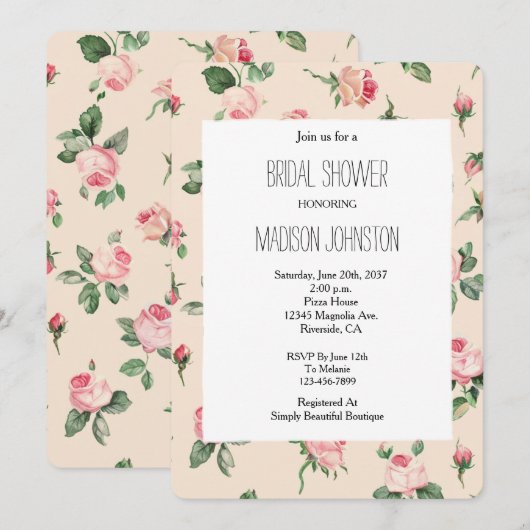Pretty Pink Roses Floral Bridal Shower 招待状 (正面/裏面)