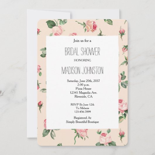 Pretty Pink Roses Floral Bridal Shower 招待状 (正面)