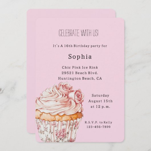 Pretty Pink Roses Floral Cupcake Birthday 招待状 (正面/裏面)