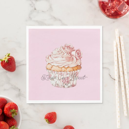 Pretty Pink Roses Floral Cupcake Bridal Shower スタンダードランチョンナプキン (インサイチュ)