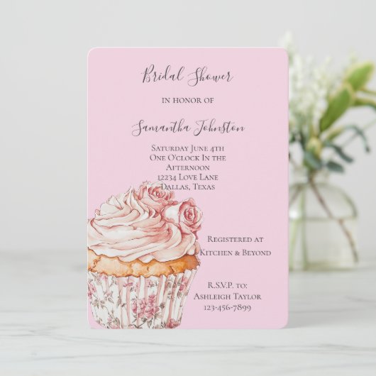 Pretty Pink Roses Floral Cupcake Bridal Shower 招待状 (スタンド正面)
