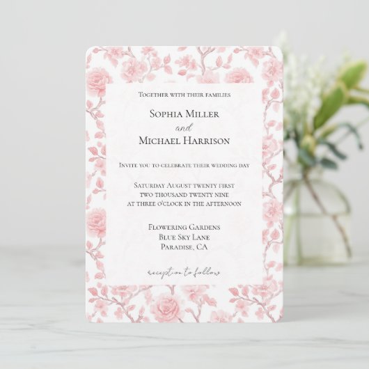Pretty Pink Roses Floral Wedding 招待状 (スタンド正面)