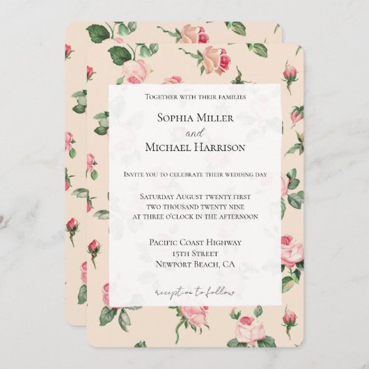 Pretty Pink Roses Floral Wedding 招待状 (正面/裏面)