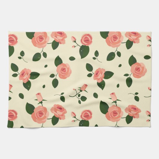 Pretty Pink Roses Pastel Pink Pattern キッチンタオル (横)
